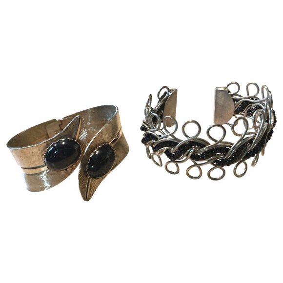Vintage Silver-Tone Leaf & Scrollwork Beaded Cuff Bracelets Black Accent - Picture 1 of 14